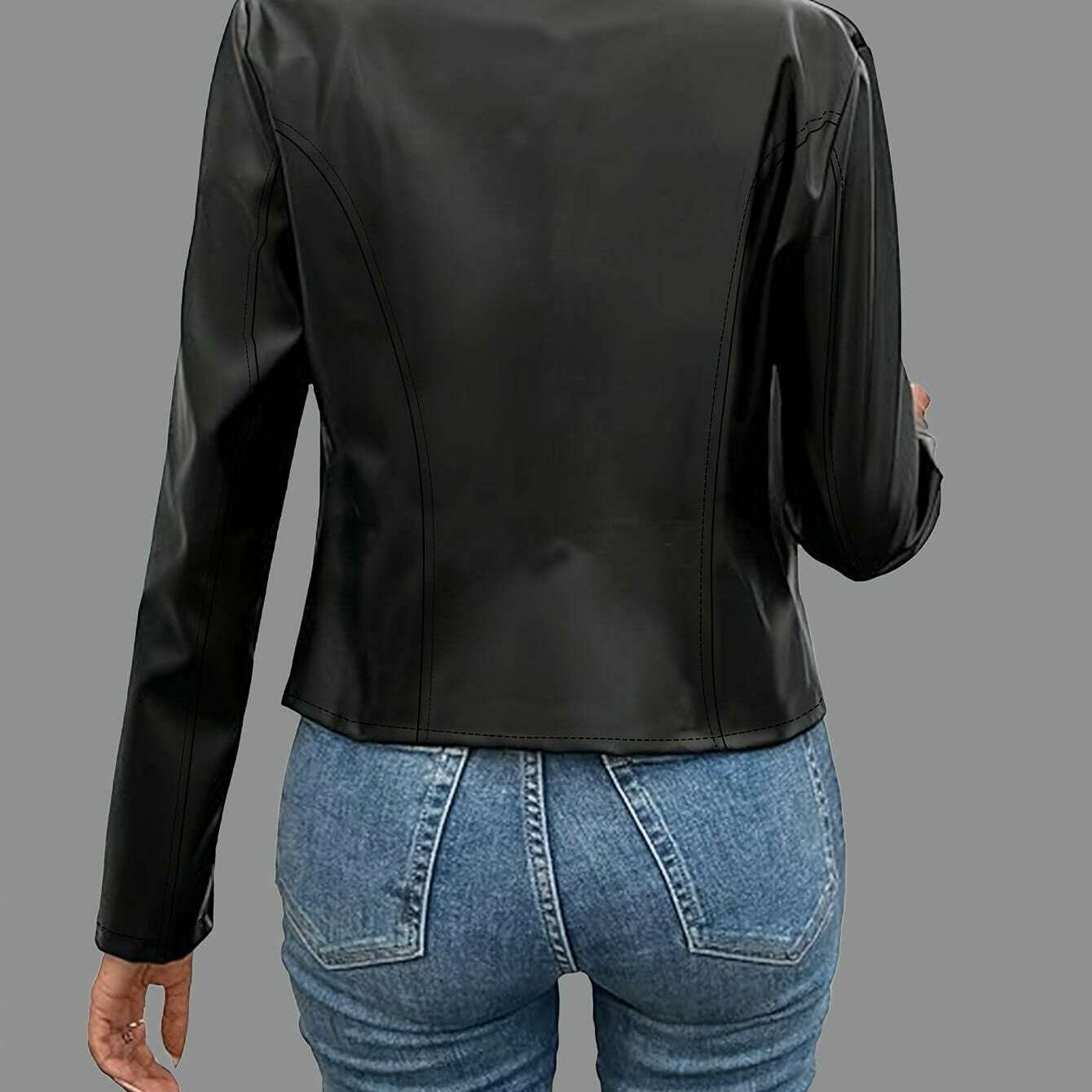 Womens Elegant Black PU Jacket – Chic Fall/Winter Style