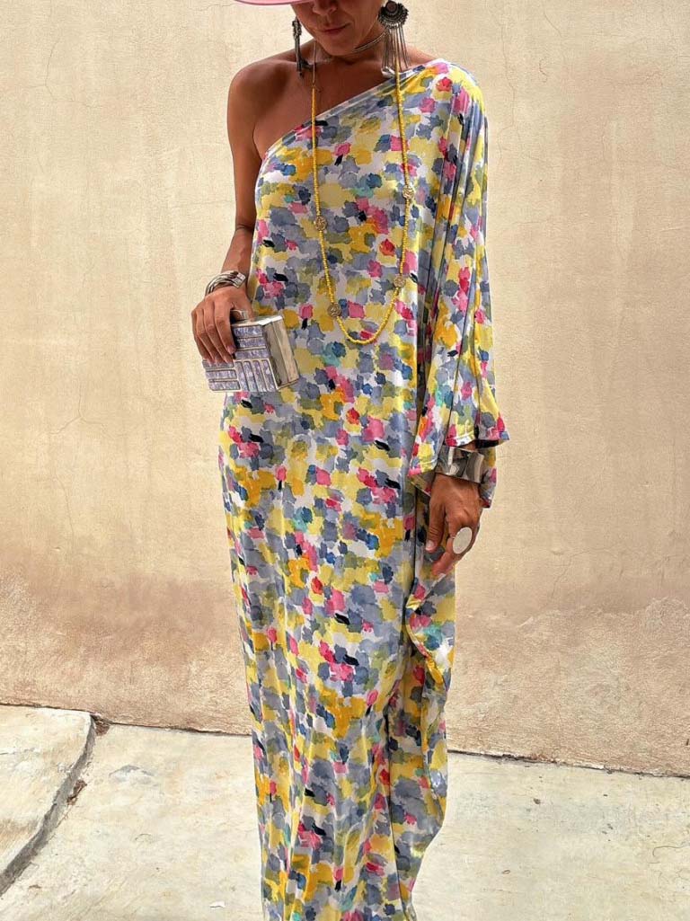 Casual Holiday Ink-dye Print Off-shoulder Maxi Dress - Lunavitae