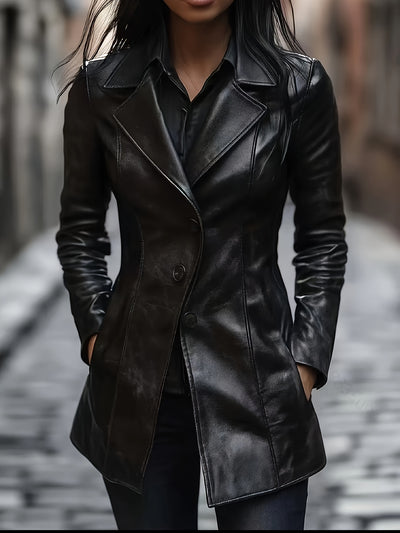 Slim-Fit Faux Leather Jacket – Mid-Length A-Line - Lunavitae