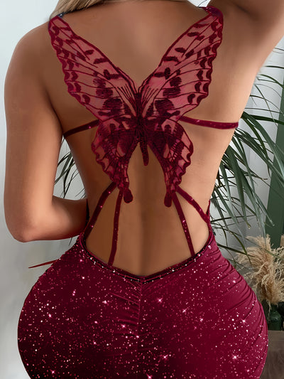 Butterfly Print Bodycon Dress – Backless & Sparkly - Lunavitae