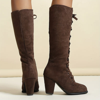 Chunky Heel Lace-Up Boots – Women’s Knee-High Style - Lunavitae