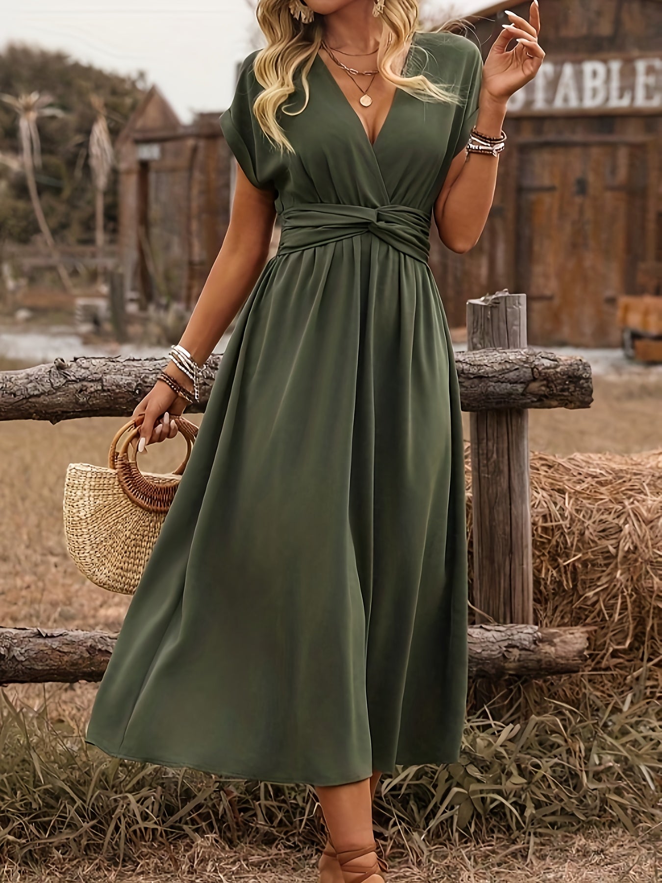 Boho Midi Dress – Batwing Sleeve, Twist Back, Drawstring - Lunavitae