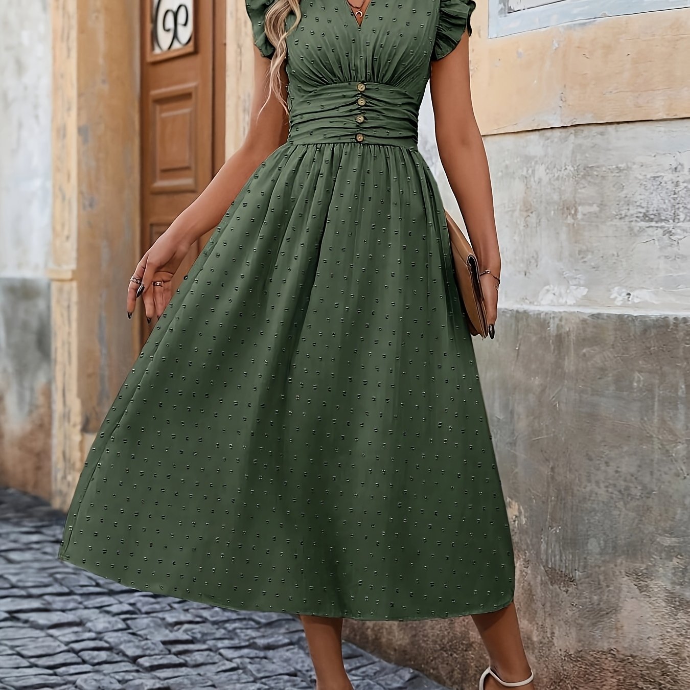 V-Neck Midi Dress – Ruffled Boho Style with Pockets - Lunavitae