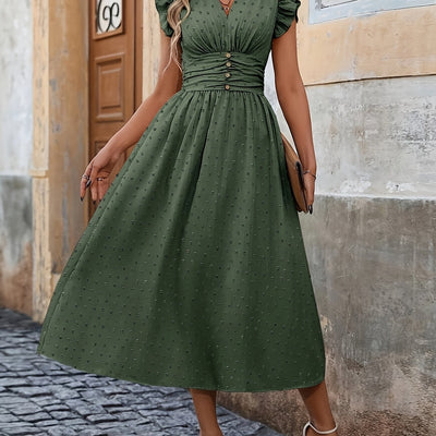 V-Neck Midi Dress – Ruffled Boho Style with Pockets - Lunavitae