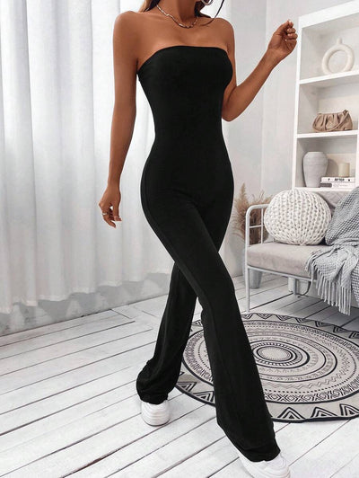 Strapless Flare Jumpsuit – Solid Color, Tube Style - Lunavitae