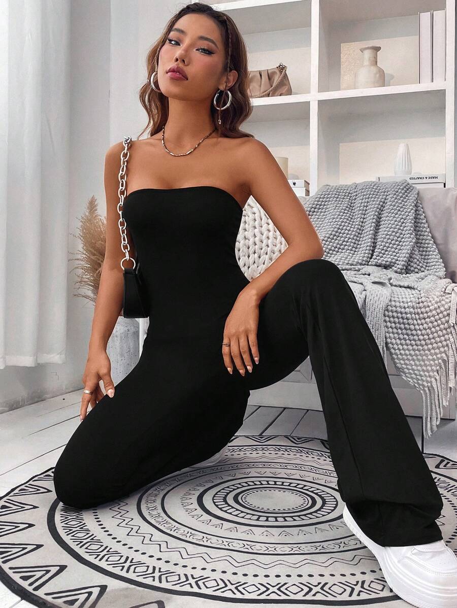 Strapless Flare Jumpsuit – Solid Color, Tube Style - Lunavitae
