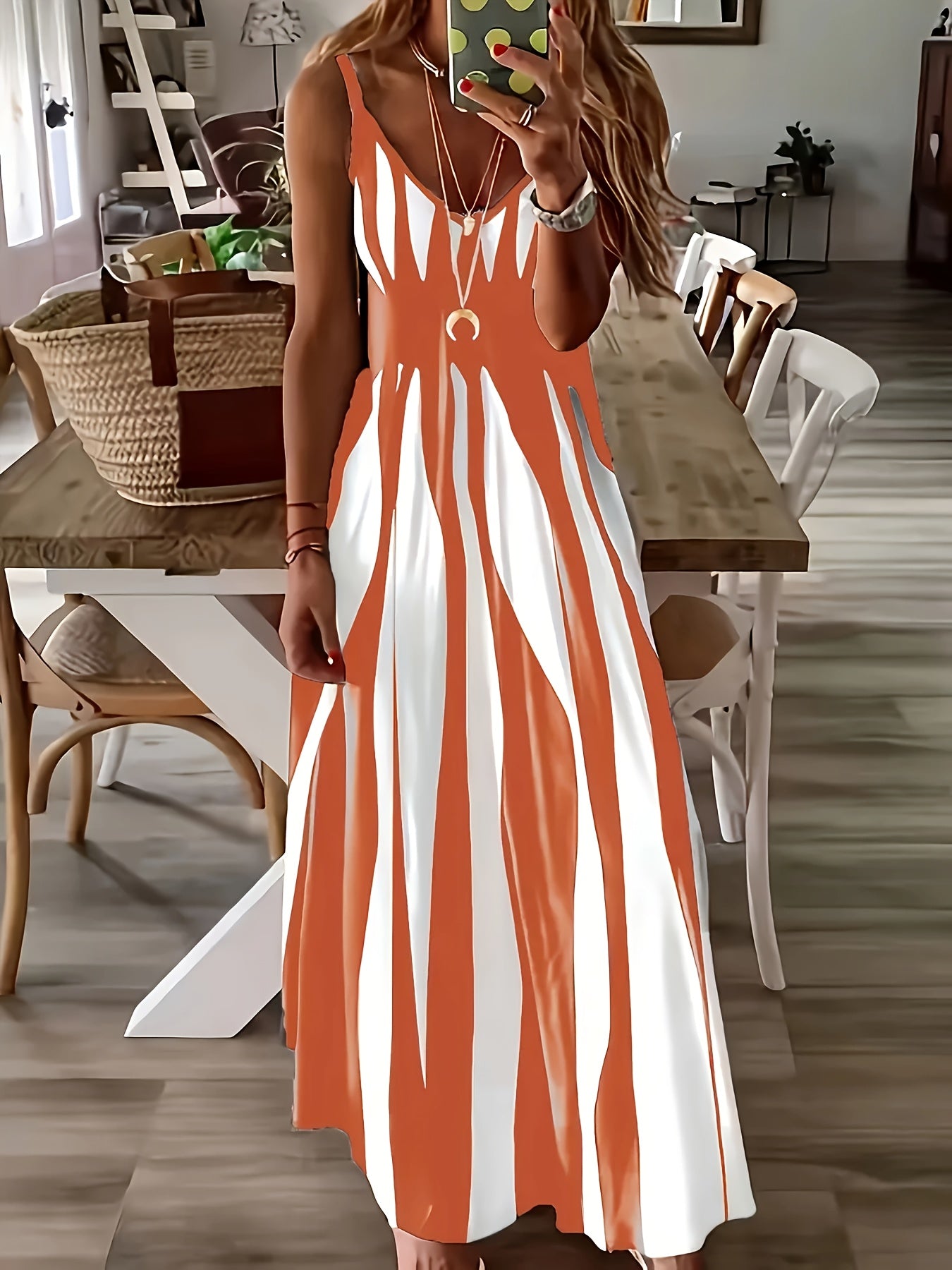 Striped V-Neck Cami Dress – Sleeveless & Chic - Lunavitae
