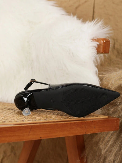 Pointed Toe Low Heel Pumps – Backless, Buckle Strap - Lunavitae