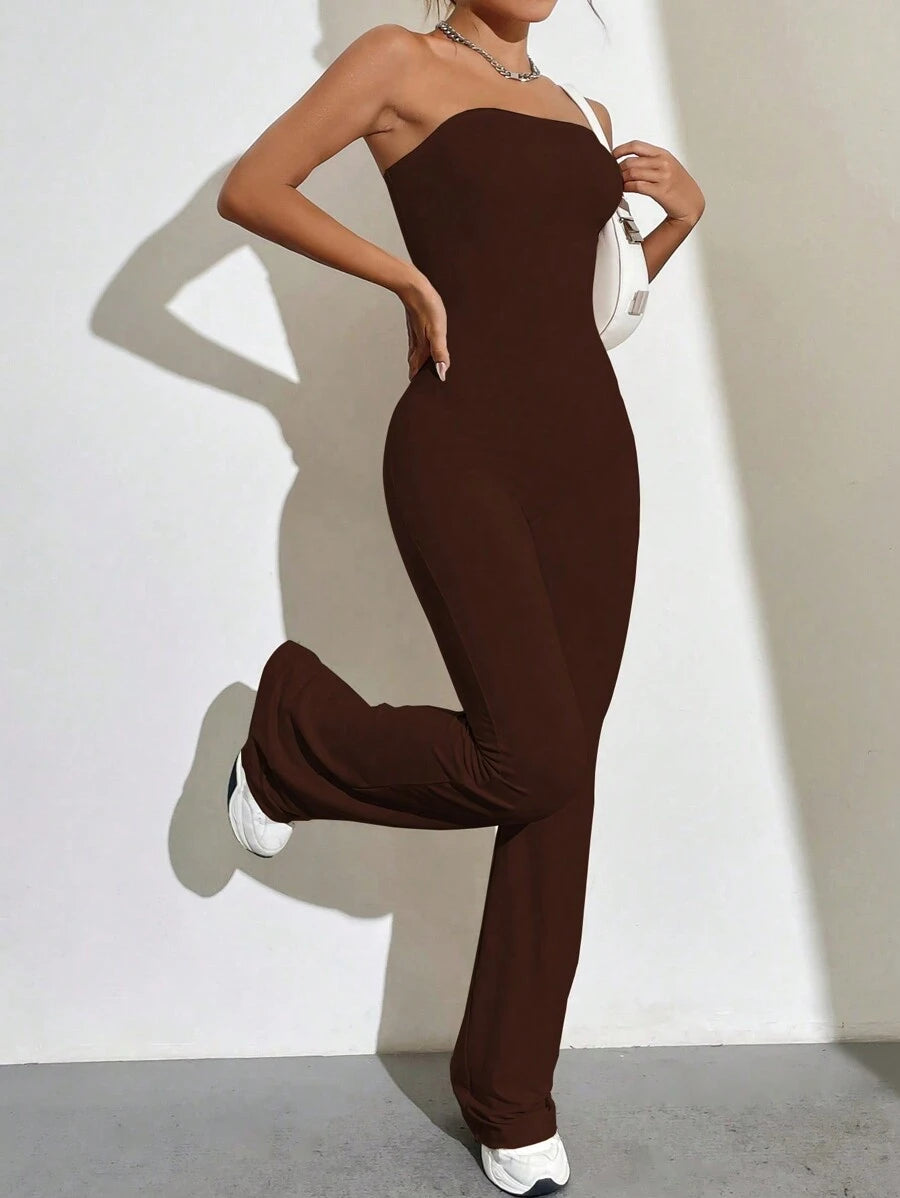 Strapless Flare Jumpsuit – Solid Color, Tube Style - Lunavitae