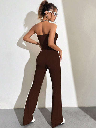 Strapless Flare Jumpsuit – Solid Color, Tube Style - Lunavitae