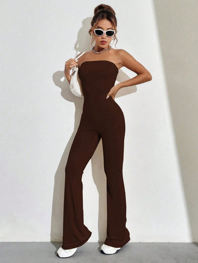 Strapless Flare Jumpsuit – Solid Color, Tube Style - Lunavitae