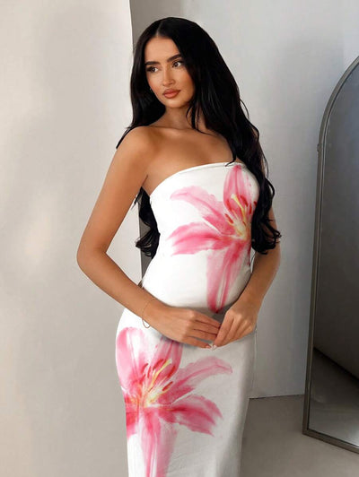Pink Floral Bandeau Dress – Fitted Summer Style - Lunavitae