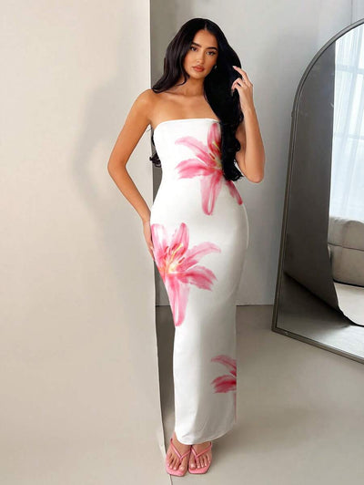 Pink Floral Bandeau Dress – Fitted Summer Style - Lunavitae