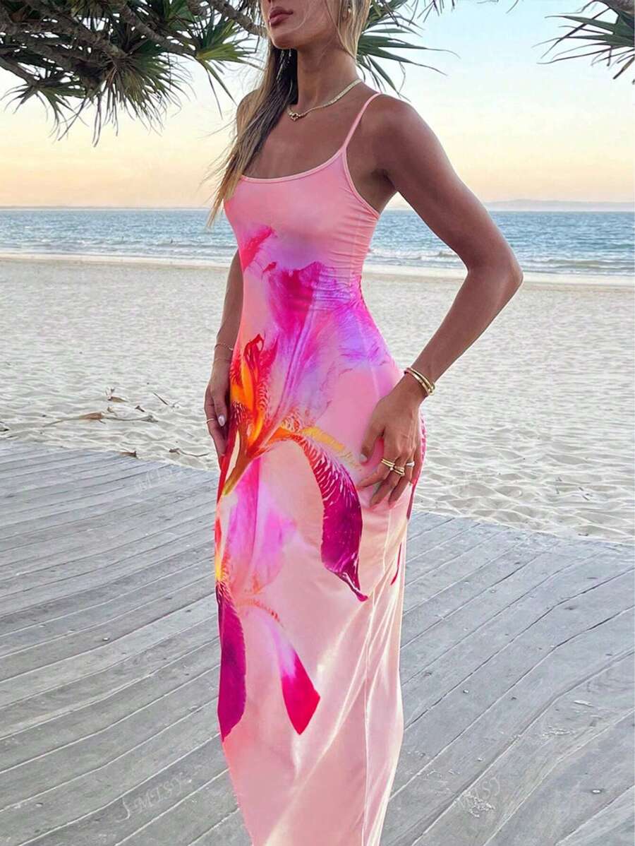 Spaghetti Strap Knit Dress – Printed Beach Style - Lunavitae