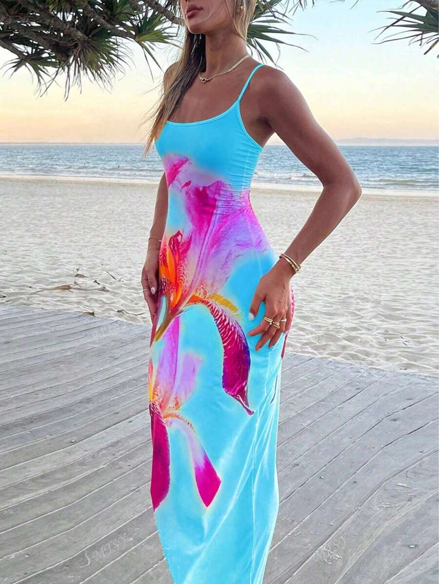 Spaghetti Strap Knit Dress – Printed Beach Style - Lunavitae