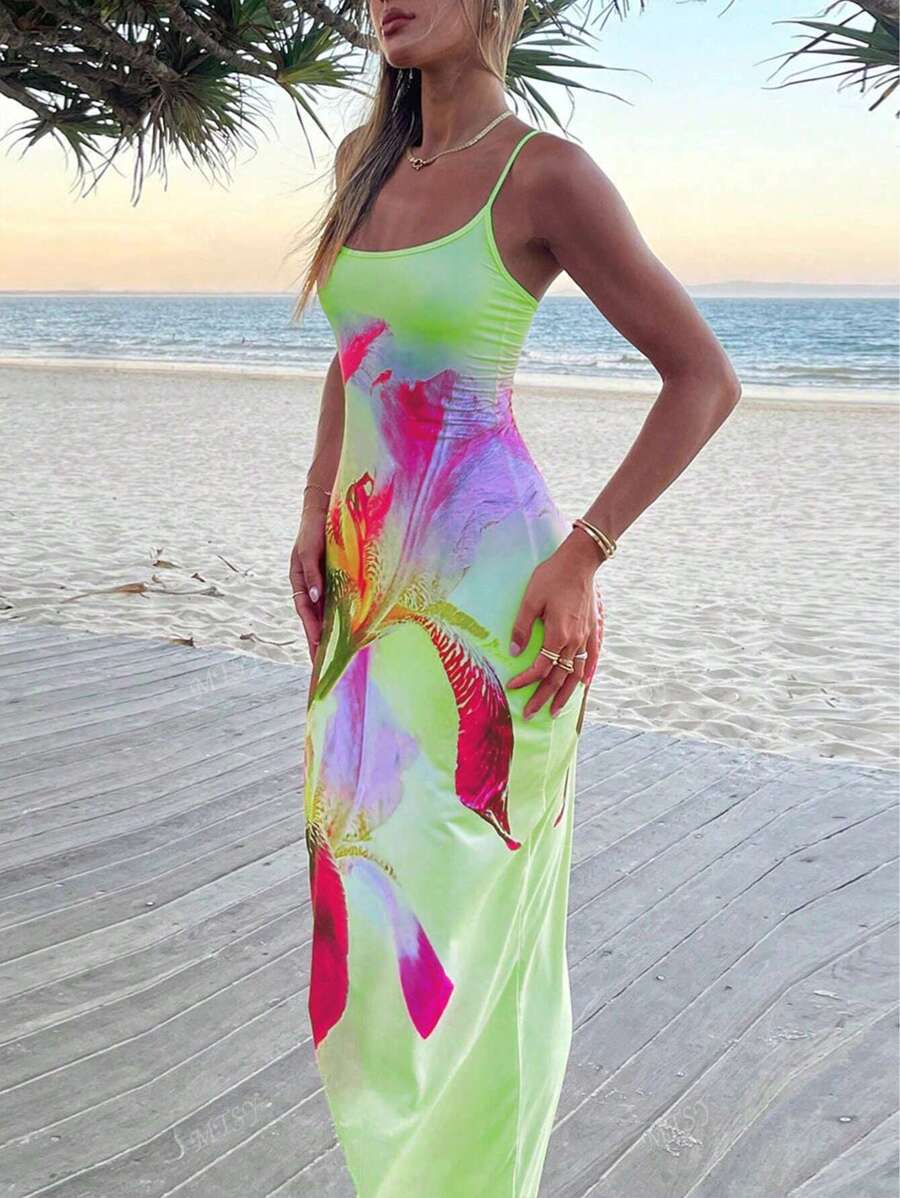 Spaghetti Strap Knit Dress – Printed Beach Style - Lunavitae