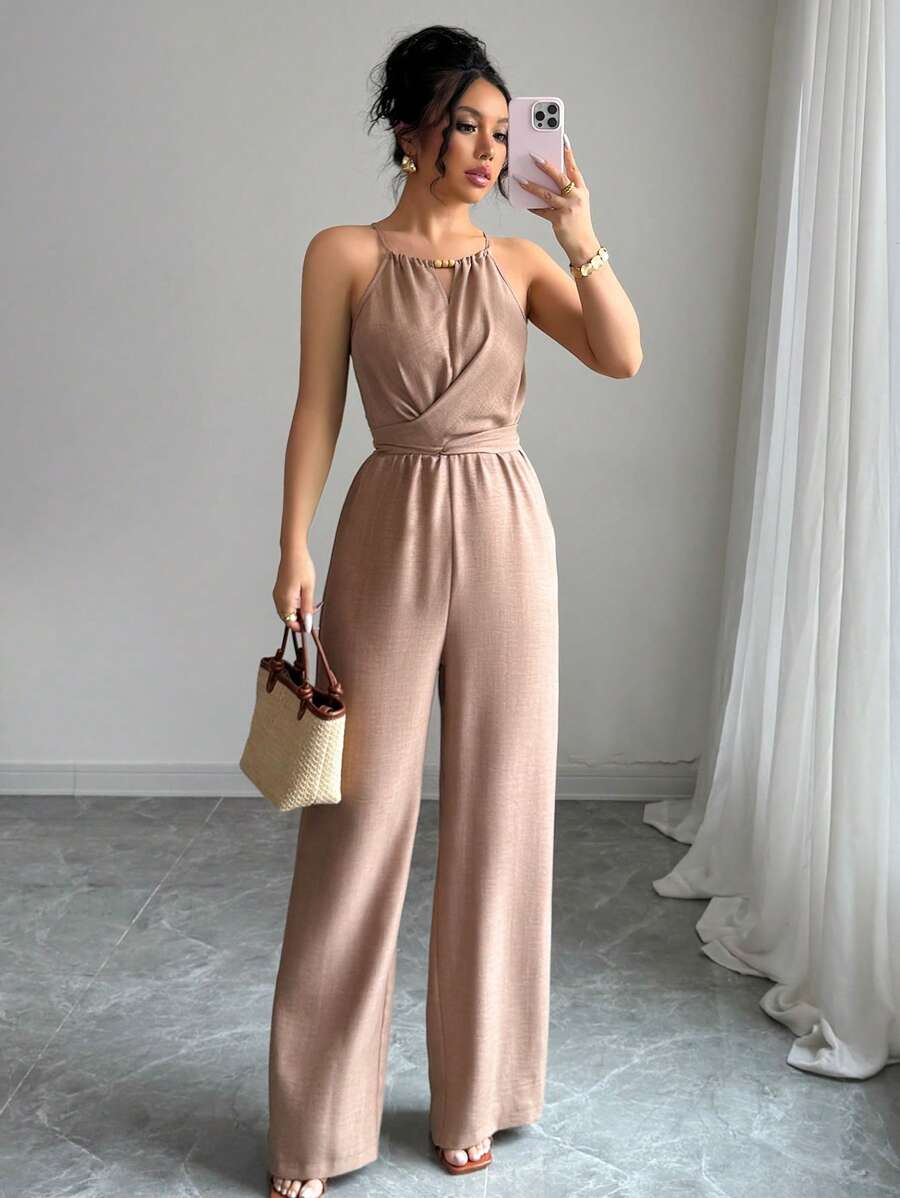 Khaki Halter Jumpsuit – Beaded Waist, Tie Detail - Lunavitae