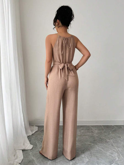 Khaki Halter Jumpsuit – Beaded Waist, Tie Detail - Lunavitae