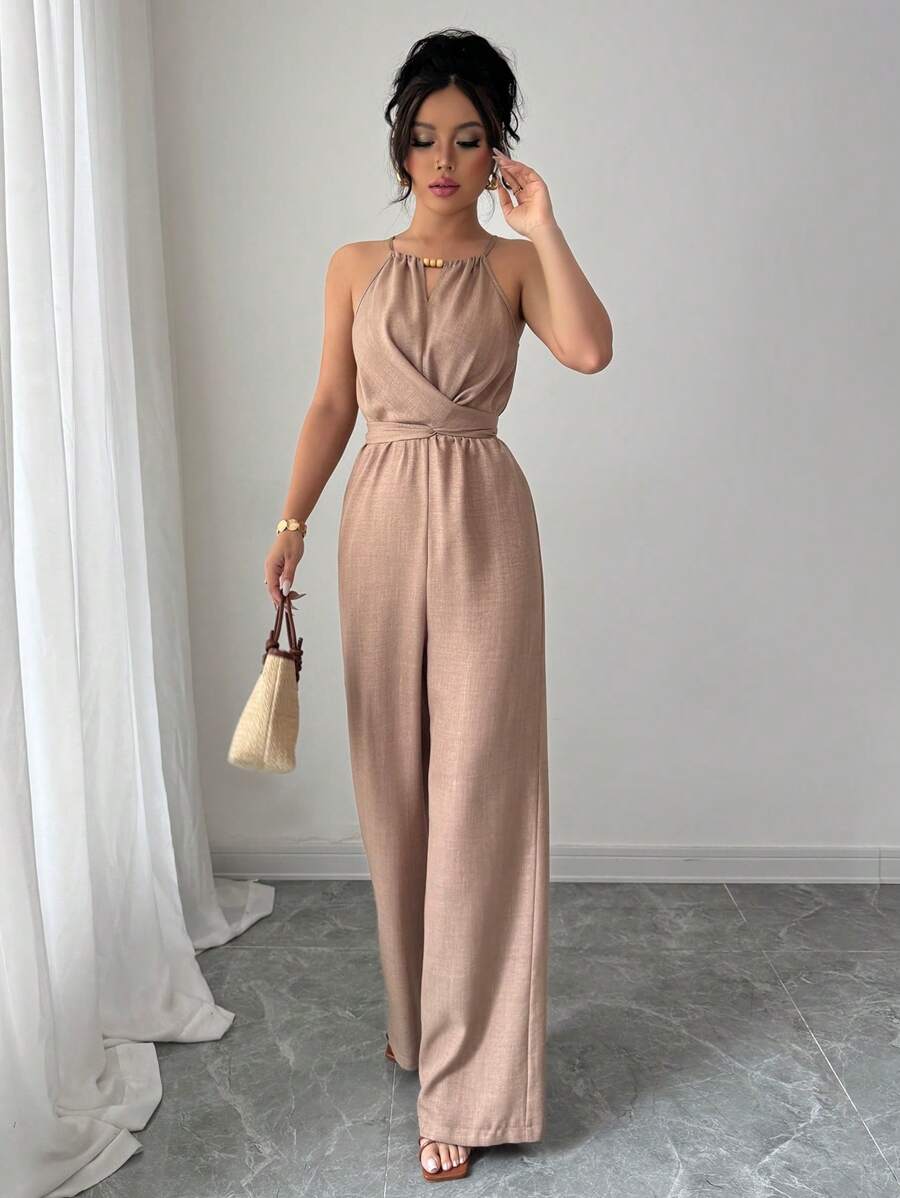 Khaki Halter Jumpsuit – Beaded Waist, Tie Detail - Lunavitae