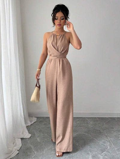 Khaki Halter Jumpsuit – Beaded Waist, Tie Detail - Lunavitae