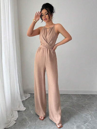 Khaki Halter Jumpsuit – Beaded Waist, Tie Detail - Lunavitae