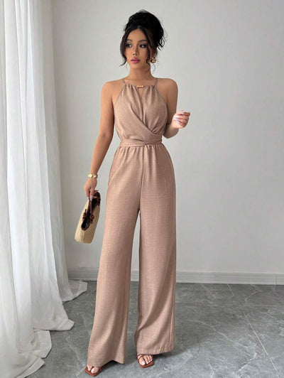 Khaki Halter Jumpsuit – Beaded Waist, Tie Detail - Lunavitae