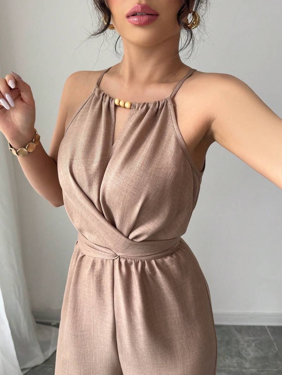 Khaki Halter Jumpsuit – Beaded Waist, Tie Detail - Lunavitae