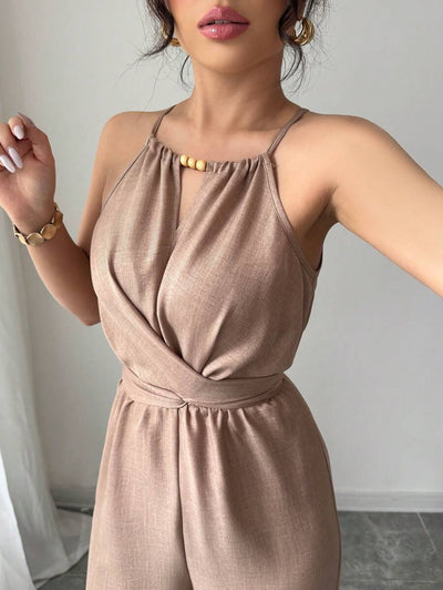 Khaki Halter Jumpsuit – Beaded Waist, Tie Detail - Lunavitae