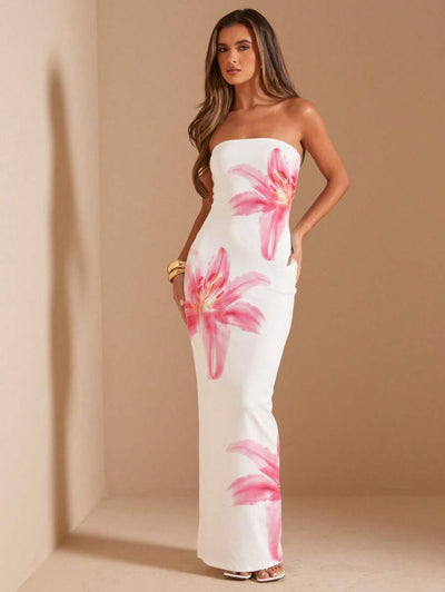 Pink Floral Bandeau Dress – Fitted Summer Style - Lunavitae