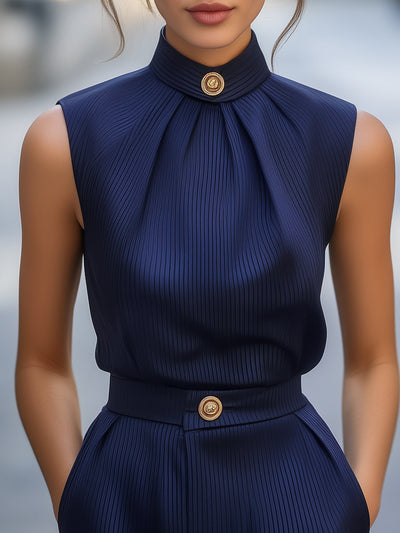 Pinstripe Sleeveless Blouse with Shorts Suit Set - Lunavitae