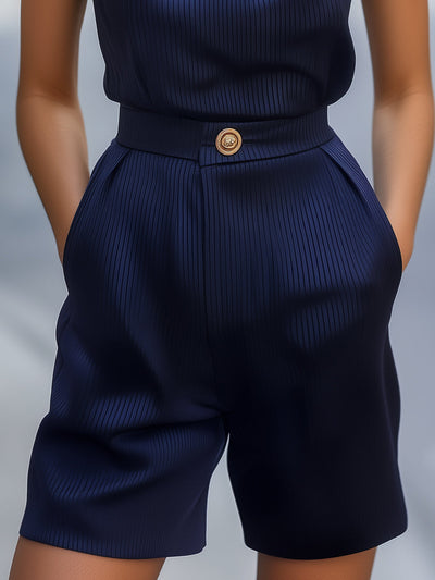 Pinstripe Sleeveless Blouse with Shorts Suit Set - Lunavitae