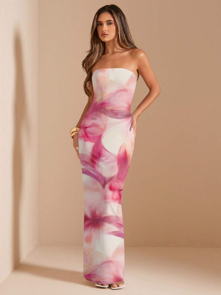 Pink Floral Bandeau Dress – Fitted Summer Style - Lunavitae