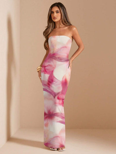 Pink Floral Bandeau Dress – Fitted Summer Style - Lunavitae