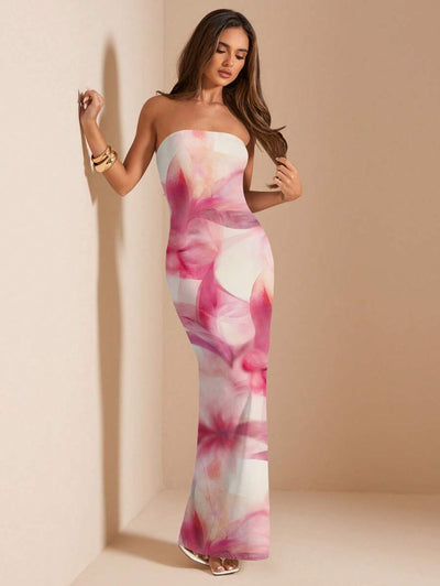 Pink Floral Bandeau Dress – Fitted Summer Style - Lunavitae