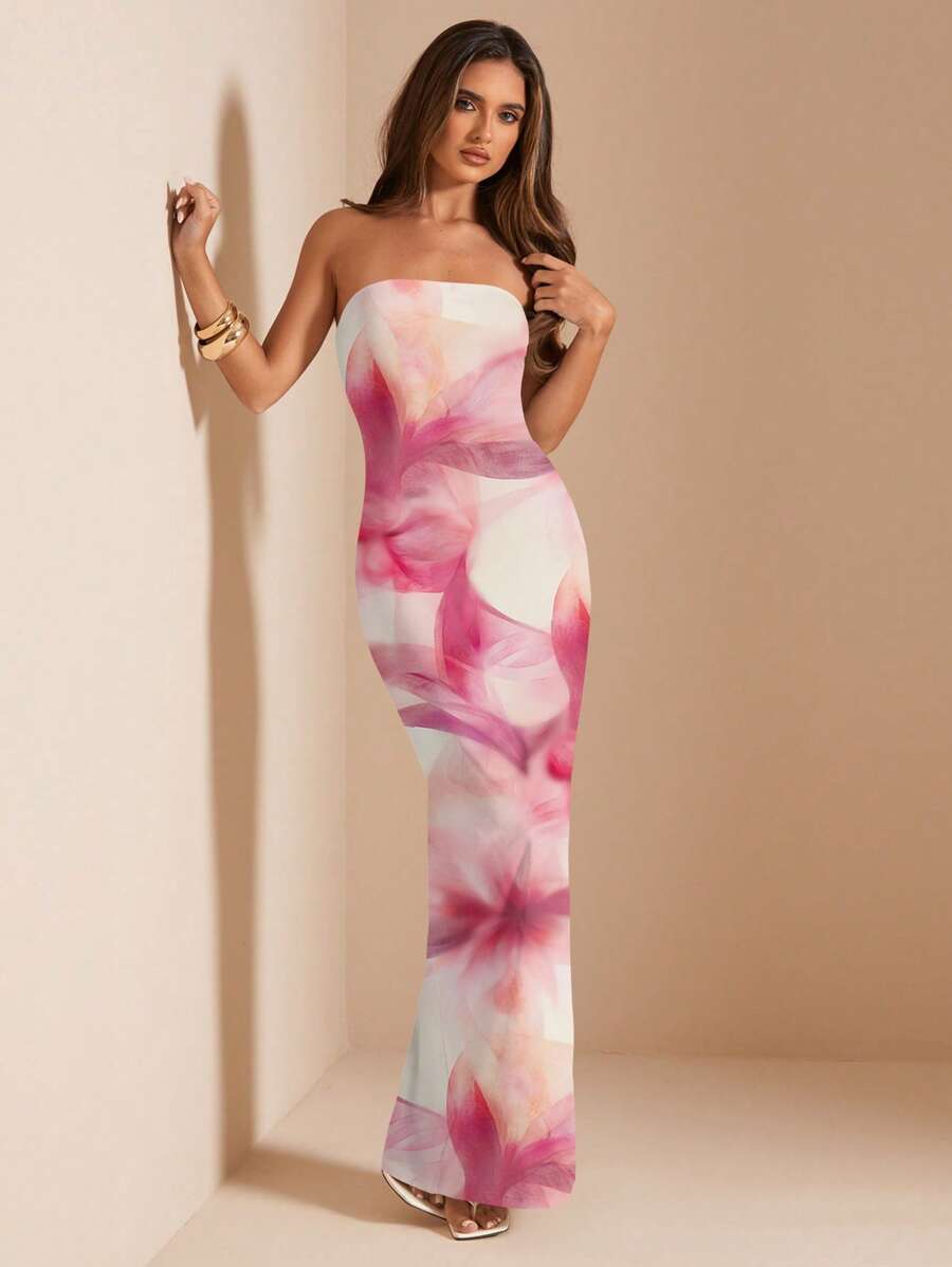 Pink Floral Bandeau Dress – Fitted Summer Style - Lunavitae