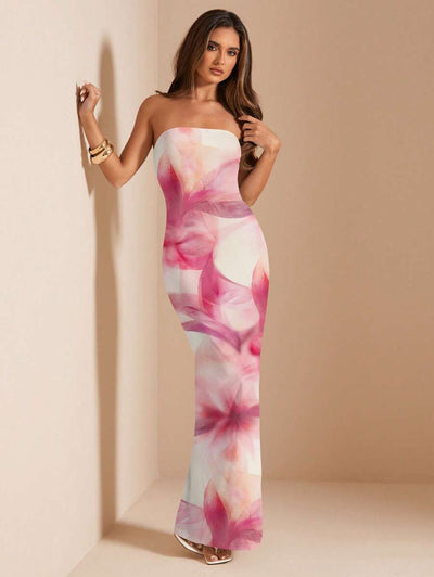 Pink Floral Bandeau Dress – Fitted Summer Style - Lunavitae