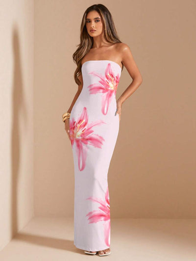 Pink Floral Bandeau Dress – Fitted Summer Style - Lunavitae