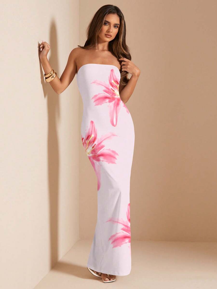 Pink Floral Bandeau Dress – Fitted Summer Style - Lunavitae