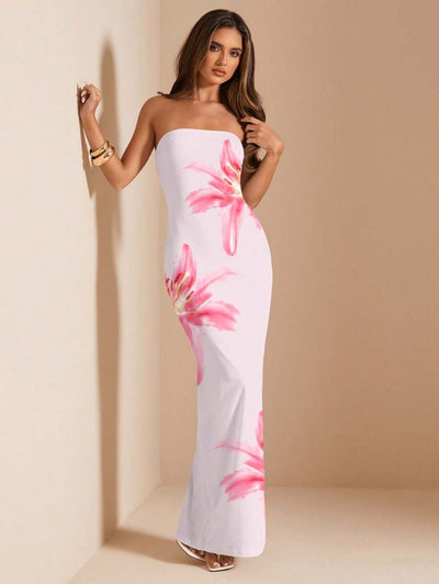 Pink Floral Bandeau Dress – Fitted Summer Style - Lunavitae