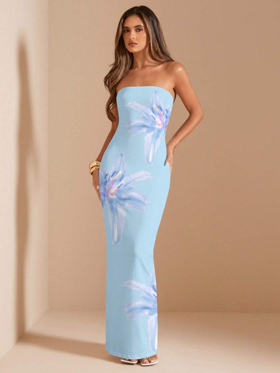 Pink Floral Bandeau Dress – Fitted Summer Style - Lunavitae