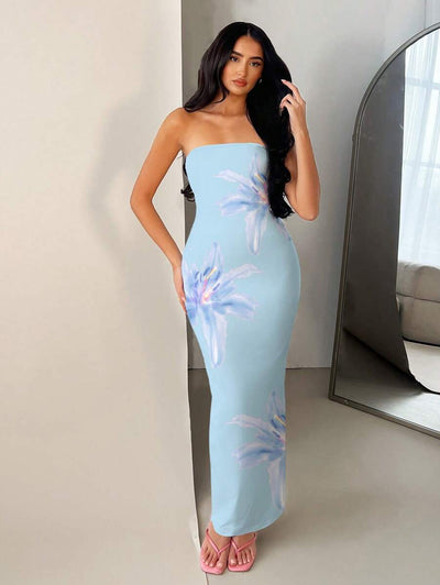 Pink Floral Bandeau Dress – Fitted Summer Style - Lunavitae