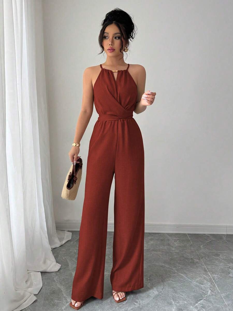 Khaki Halter Jumpsuit – Beaded Waist, Tie Detail - Lunavitae