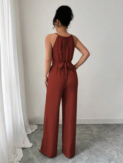 Khaki Halter Jumpsuit – Beaded Waist, Tie Detail - Lunavitae