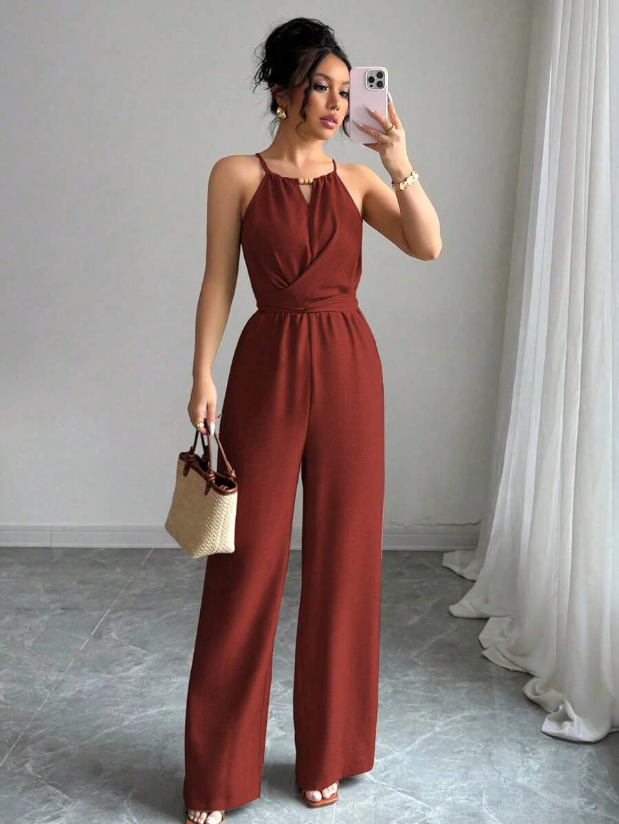 Khaki Halter Jumpsuit – Beaded Waist, Tie Detail - Lunavitae