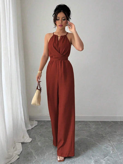 Khaki Halter Jumpsuit – Beaded Waist, Tie Detail - Lunavitae