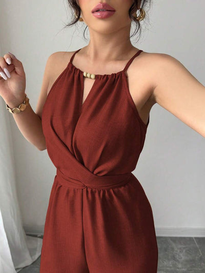 Khaki Halter Jumpsuit – Beaded Waist, Tie Detail - Lunavitae