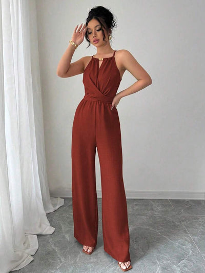 Khaki Halter Jumpsuit – Beaded Waist, Tie Detail - Lunavitae
