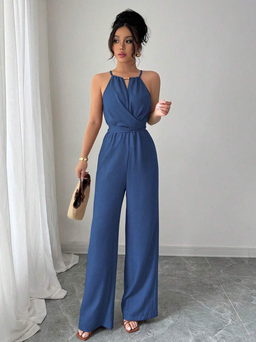 Khaki Halter Jumpsuit – Beaded Waist, Tie Detail - Lunavitae