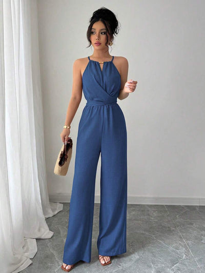 Khaki Halter Jumpsuit – Beaded Waist, Tie Detail - Lunavitae