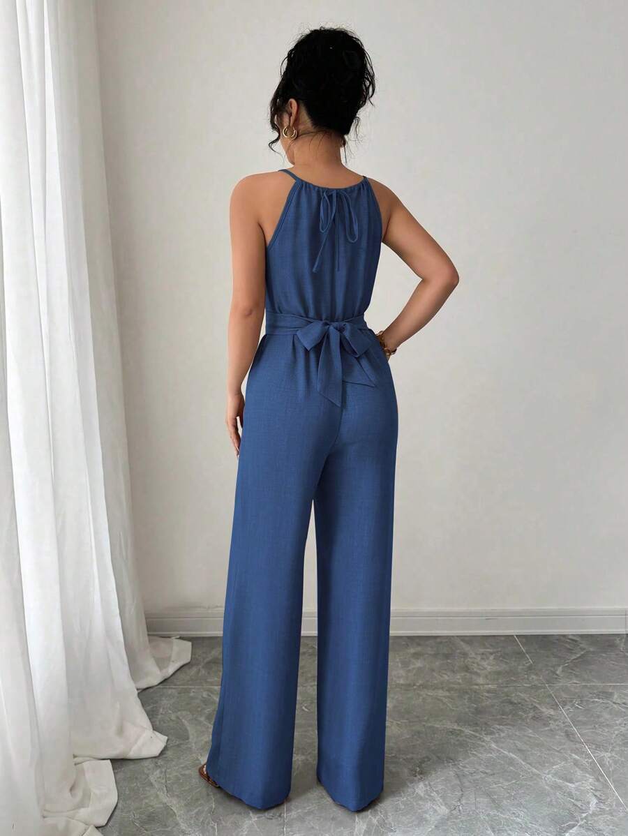 Khaki Halter Jumpsuit – Beaded Waist, Tie Detail - Lunavitae